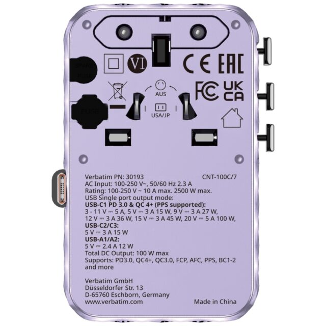 Verbatim Travel Adapter EU/UK/US GaN   2xUSB-C/2xUSB-A/1xUSB-C PD 100W purple 30193 - imagine 2