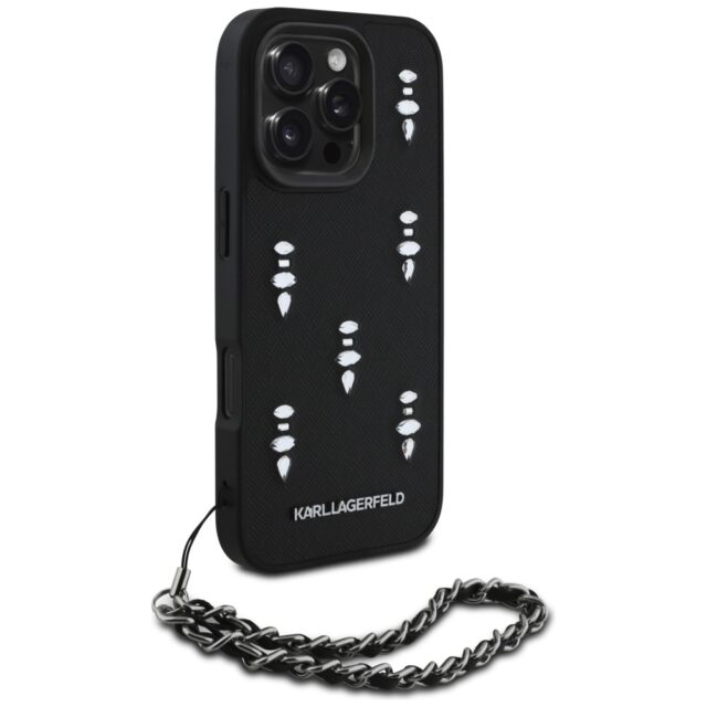 Case Karl Lagerfeld Saffiano Crystals w/Chain for iPhone 16 Pro black - imagine 3