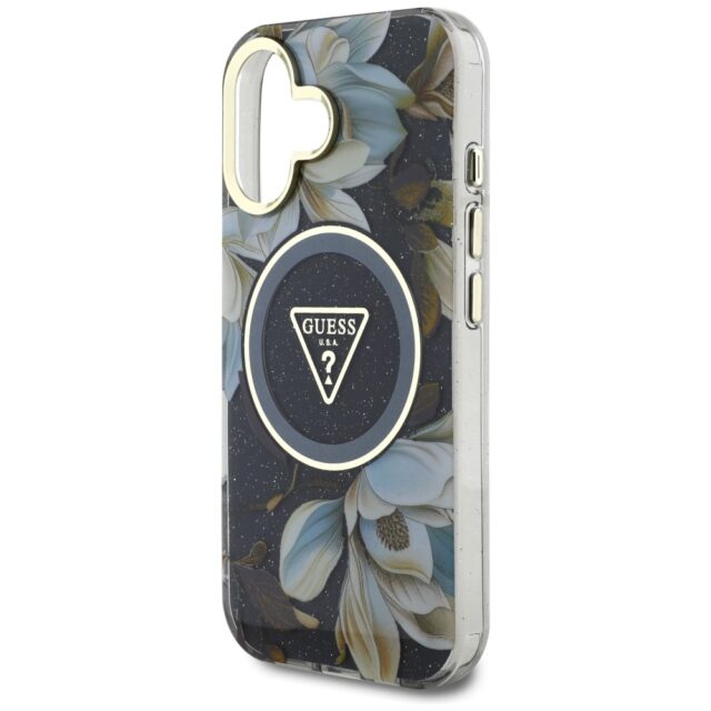 Case Guess Glitter Flowers Triangle Buttons MagSafe for iPhone 16 black - imagine 6