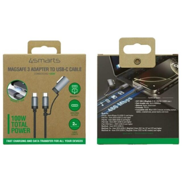Kabel USB-C 4smarts Explorer ComboCord   100W 2m z adapterem MagSafe czarny - imagine 6