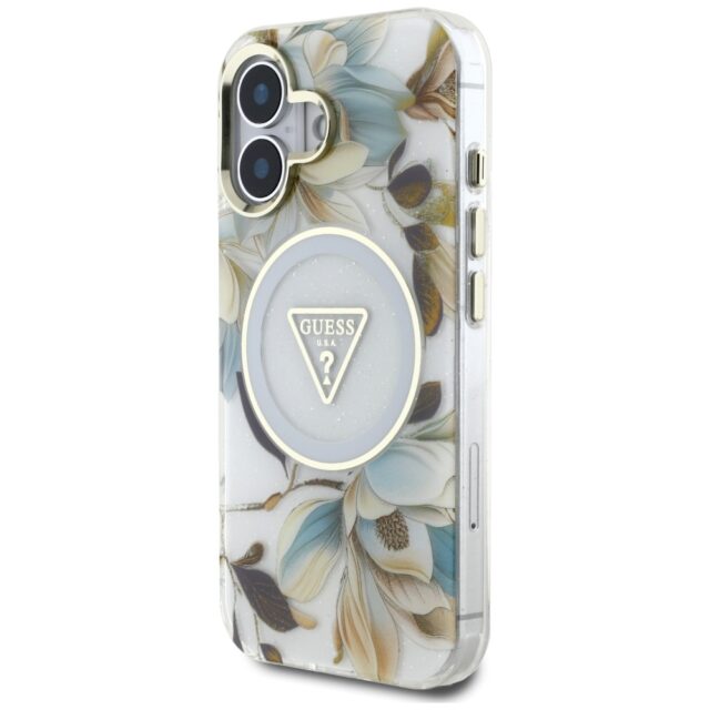 Case Guess Glitter Flowers Triangle Buttons MagSafe for iPhone 16 white - imagine 2