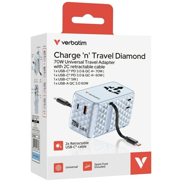 Verbatim Travel Adapter EU/UK/US GaN   1xUSB-C/1xUSB-A/2xUSB-C PD 70W blue 30187 - imagine 5