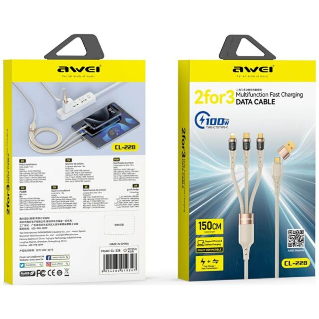 AWEI CL-228 usb-c/lightning/mico 3in2 cable black - imagine 2