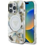 Case Guess Glitter Flowers Triangle Buttons MagSafe for iPhone 16 Pro Max white