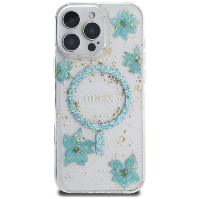 Case Guess Resin Flowers Glitter MagSafe for iPhone 16 Pro Max turquoise - imagine 3
