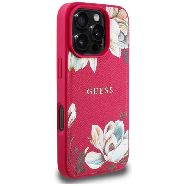 Case Guess Grained Printed Flower Pattern MagSafe for iPhone 16 Pro Max Fuchsia - imagine 4