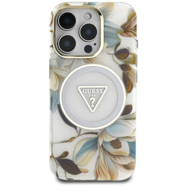 Case Guess Glitter Flowers Triangle Buttons MagSafe for iPhone 16 Pro white - imagine 3