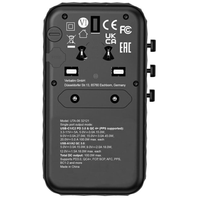 Verbatim Travel Adapter EU/UK/US GaN 2xUSB-A/2xUSB-C PD 100W UTA-06 black 32121 - imagine 4