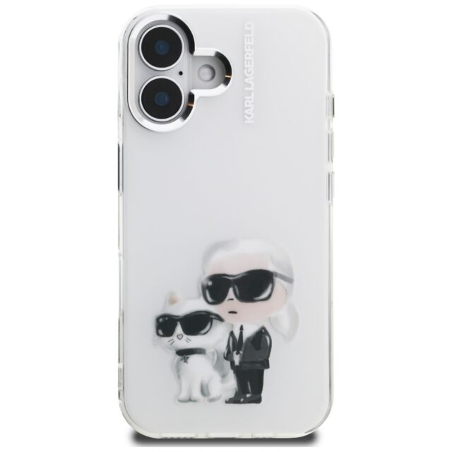 Case Karl Lagerfeld IML Aquarelle Karl   & Choupette & Logo for iPhone 16 white - imagine 3
