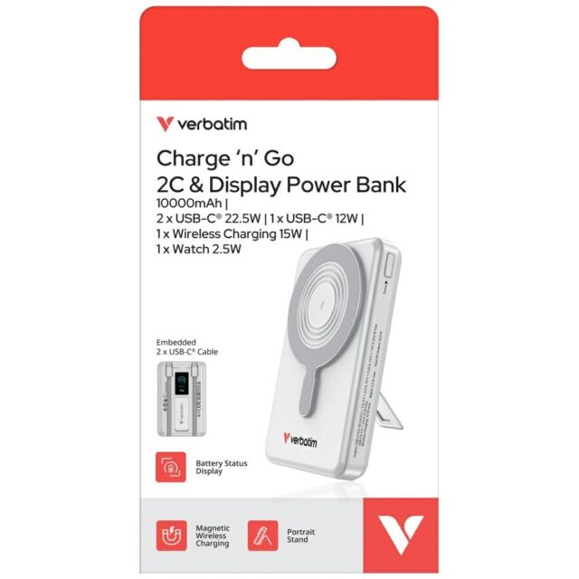 Powerbank Verbatim Charge n Go 10000mAh with stand Magnetic Wireless TFT display 2xUSB-C cable silve - imagine 8