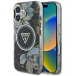 Case Guess Glitter Flowers Triangle Buttons MagSafe for iPhone 16 black