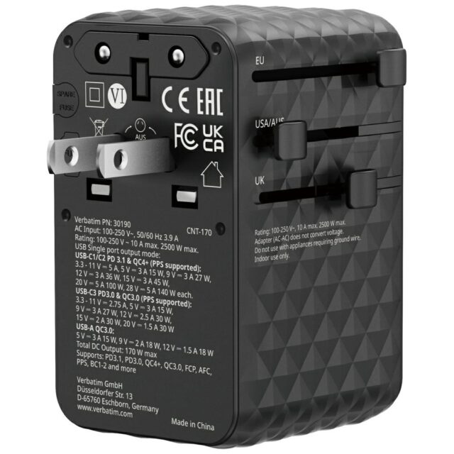 Verbatim Adapter podróżny EU/UK/US GaN    2xUSB-A/3xUSB-C PD 170W czarny 30190 - imagine 4