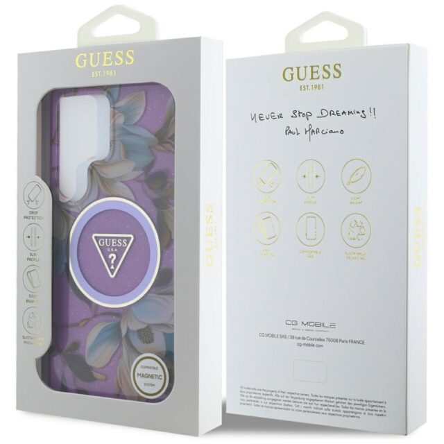 Case Guess Glitter Flowers Triangle Buttons MagSafe for Samsung Galaxy S25 Ultra purple - imagine 8