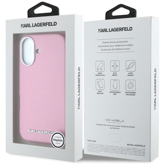 Case Karl Lagerfeld Saffiano Full Wrapped Elongated Metal Logo MagSafe for iPhone 16 pink - imagine 8