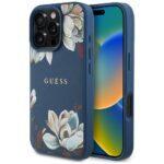 Case Guess Grained Printed Flower Pattern MagSafe for iPhone 16 Pro blue