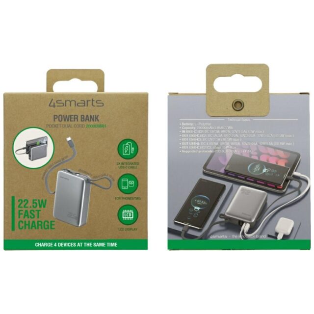 Powerbank 4smarts Pocket Dual Cord 20000mAh 22.5W with built-in USB-C cable 15cm gray - imagine 5