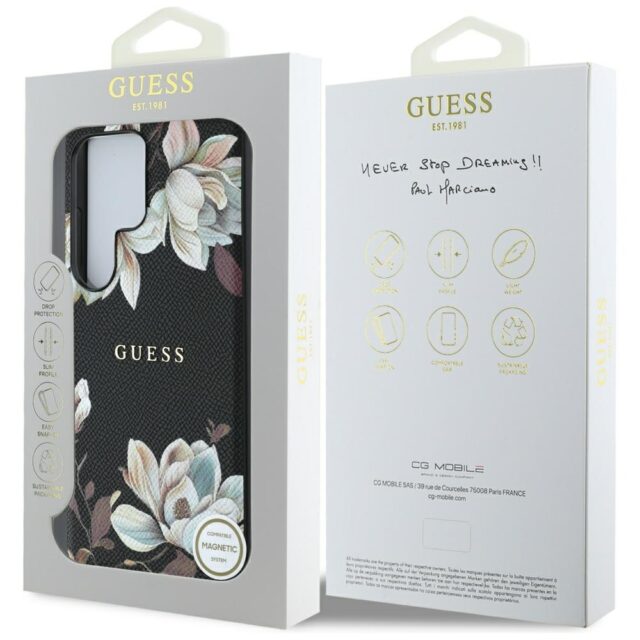 Case Guess Grained Printed Flower Pattern MagSafe for Samsung Galaxy S25 Ultra black - imagine 8