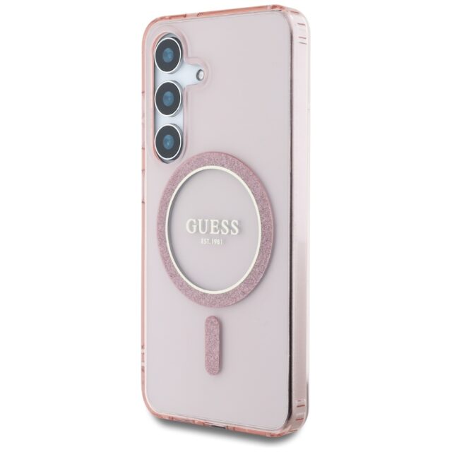 Case Guess Glitter Circle Classic Logo MagSafe for Samsung Galaxy S25 pink - imagine 2