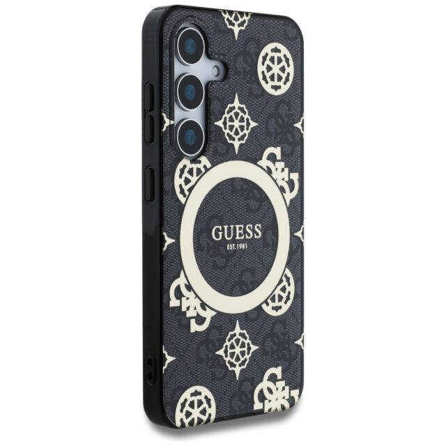 Case Guess 4G Background Gold Electroplated Peony Pattern MagSafe for Samsung Galaxy S25 black - imagine 4