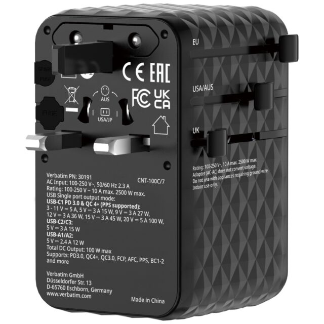 Verbatim Travel Adapter EU/UK/US GaN   2xUSB-C/2xUSB-A/1xUSB-C PD 100W black 30191 - imagine 5
