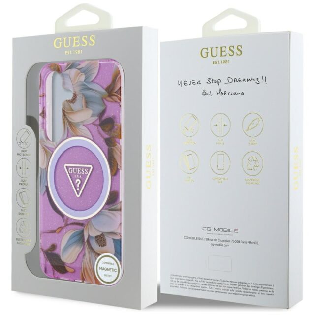Case Guess Glitter Flowers Triangle Buttons MagSafe for Samsung Galaxy S25 purple - imagine 8