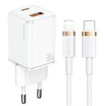 USAMS wall charger 1xUSB-C+1xUSB T43 33W PD3.0 + QC3.0 + U63 cable USB-C to Lightning white USKTZ
