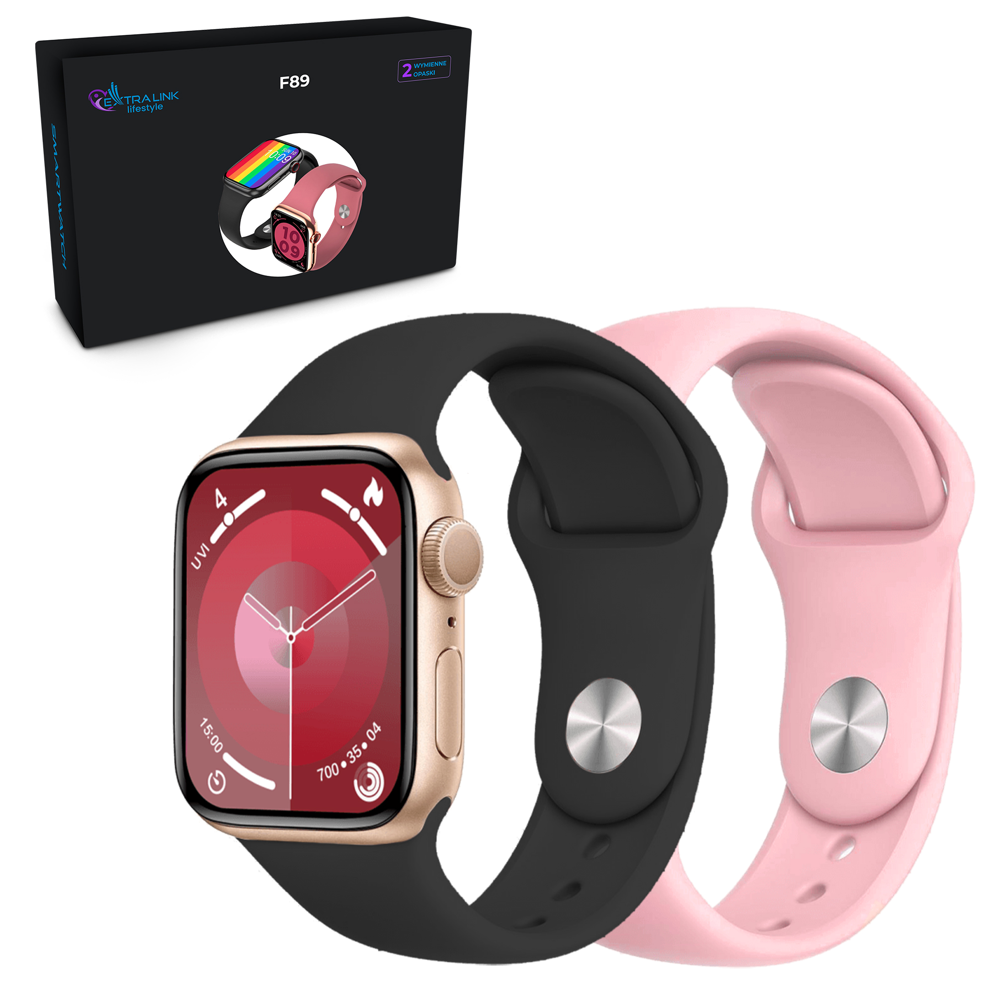 cps-816cfdb7d9f607779e89d2c16addeb78-2025-12-05-13-40-37 Smartband Extralink Lifestyle Smartwatch F89, Gold + Pink/Black Band - imagine 1