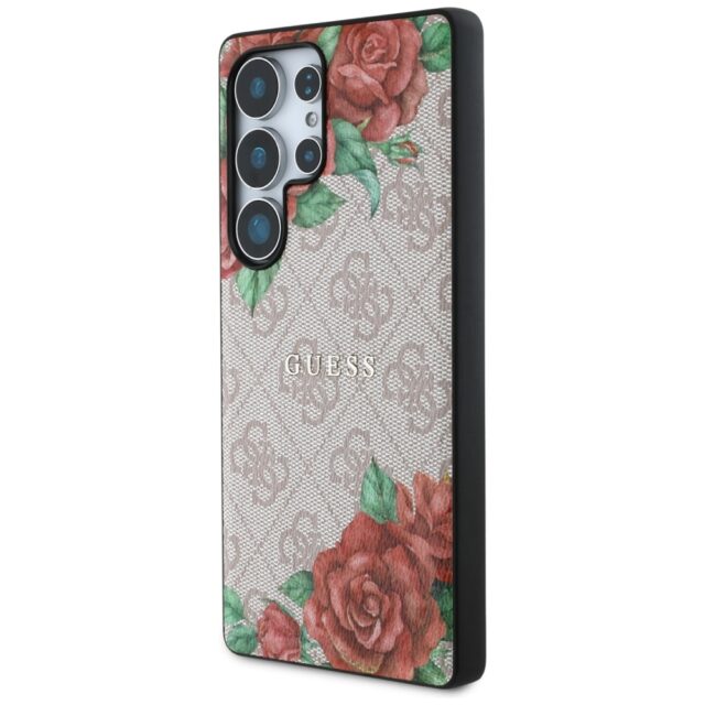 Guess Leather 4G Flowers Print Metal Classic Logo MagSafe Case Samsung Galaxy S25 Ultra pink - imagine 2