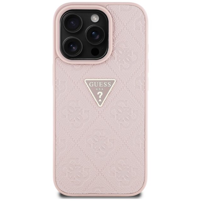 Case Guess Hot Stamp 4G Pattern Triangle Metal Logo for iPhone 16 Pro pink - imagine 3