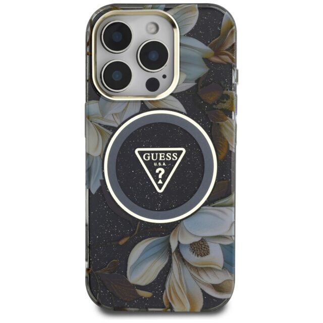 Case Guess Glitter Flowers Triangle Buttons MagSafe for iPhone 16 Pro black - imagine 3