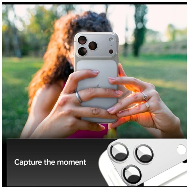 Ochrona na obiektyw aparatu Spigen        Glas.Tr Camera EZ FIT Optik Pro XL do Apple iPhone 17 Pro srebrny - imagine 5