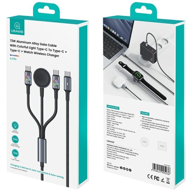 Cable USAMS Huan Series SJ754 72W USB-C to USB-C + USB-C + wireless charger for watch tarnish - imagine 10