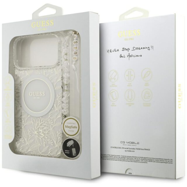 Guess IML Flowers Electro Pearl Strap MagSafe Case for iPhone 17 Pro Max White - imagine 8
