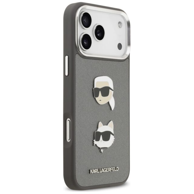 Karl Lagerfeld FW Grained Karl & Choupette Heads Pins & Logo Case for iPhone 17 Pro Max Gray - imagine 4