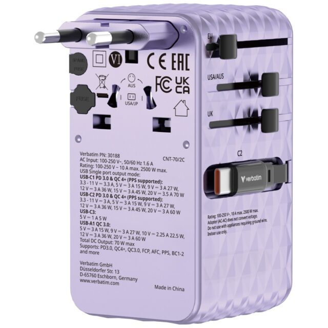 Verbatim Travel Adapter EU/UK/US GaN   1xUSB-C/1xUSB-A/2xUSB-C PD 70W purple 30188 - imagine 2