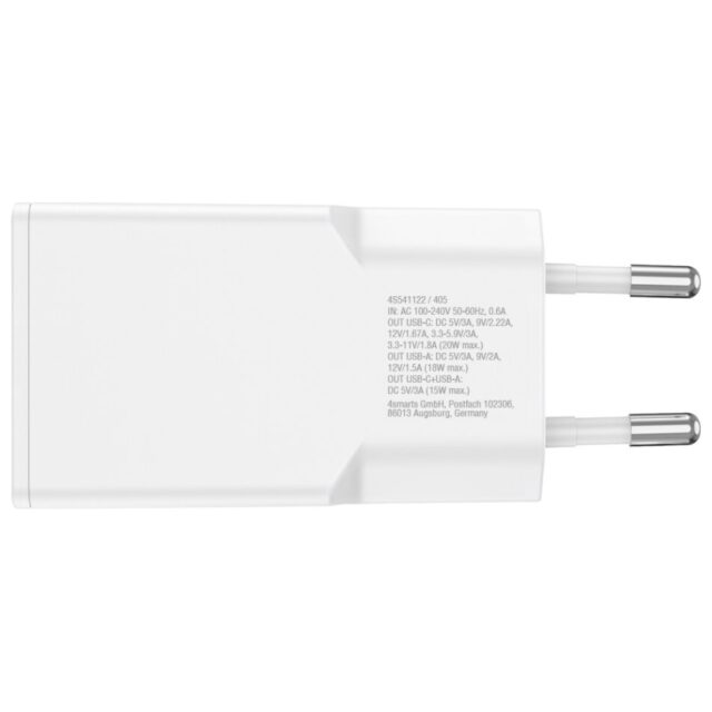 Wall Charger 4smarts PDPlug Slim Duos 20W GaN USB-C+USB-A + USB-C cable 1.5m white - imagine 3