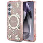 Case Guess 4G Background Gold Electroplated Peony Pattern MagSafe do Samsung Galaxy S25 pink