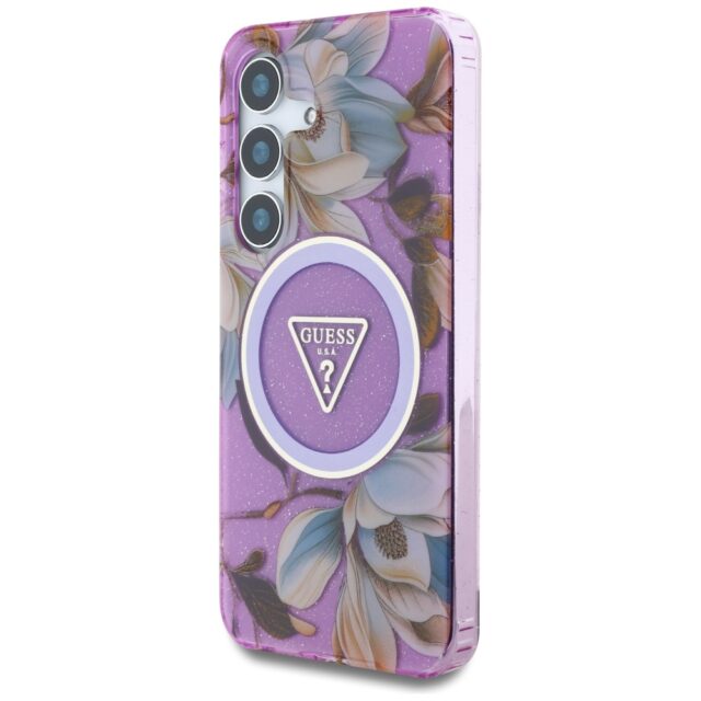 Case Guess Glitter Flowers Triangle Buttons MagSafe for Samsung Galaxy S25 purple - imagine 2