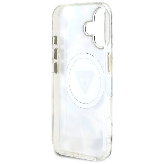Case Guess Glitter Flowers Triangle Buttons MagSafe for iPhone 16 white - imagine 7