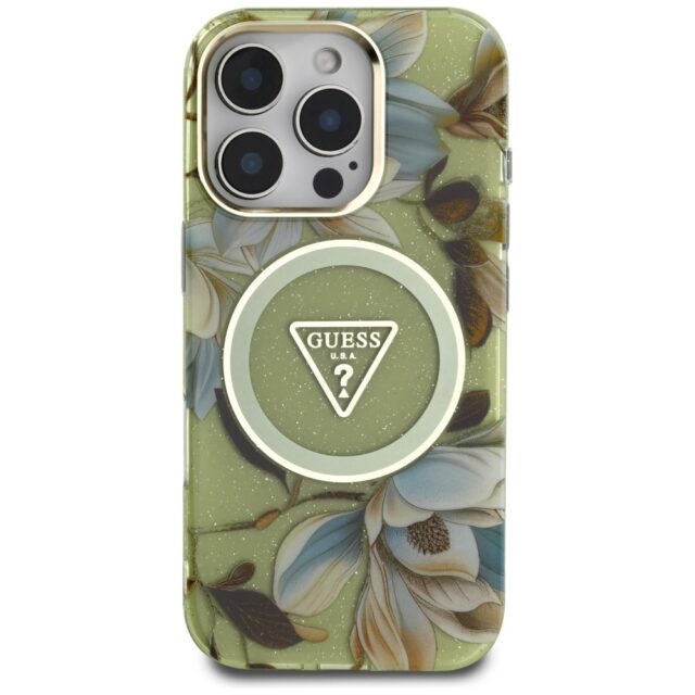Case Guess Glitter Flowers Triangle Buttons MagSafe for iPhone 16 Pro Max green - imagine 3