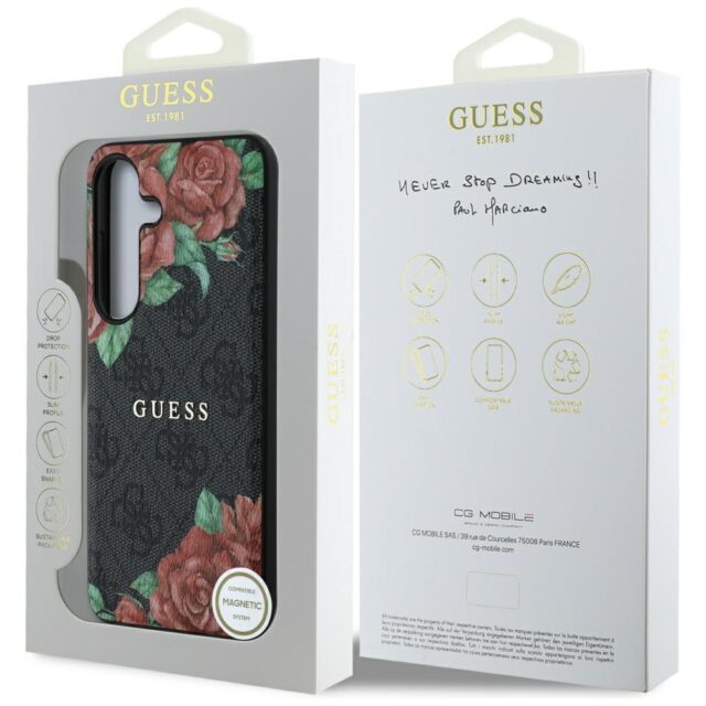 Guess Leather 4G Flowers Print Metal Classic Logo MagSafe Samsung Galaxy S25 case black - imagine 8