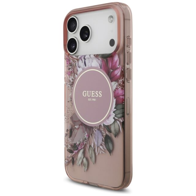 Guess IML Flowers Pearl Strap MagSafe Case for iPhone 17 Pro Max Pink - imagine 3