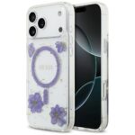 Case Guess Resin Flowers Glitter MagSafe for iPhone 17 Pro Max purple
