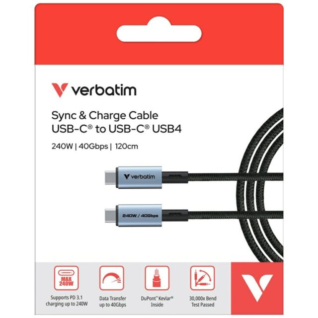 Cable Verbatim Sync & Charge USB-C to USB-C 240W 40Gb/s 120cm black 31847 - imagine 6