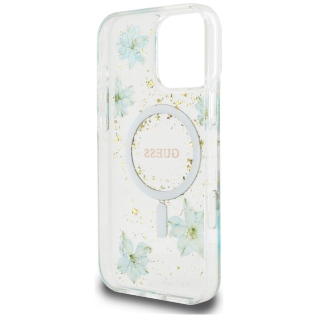 Case Guess Resin Flowers Glitter MagSafe for iPhone 16 Pro Max turquoise - imagine 7