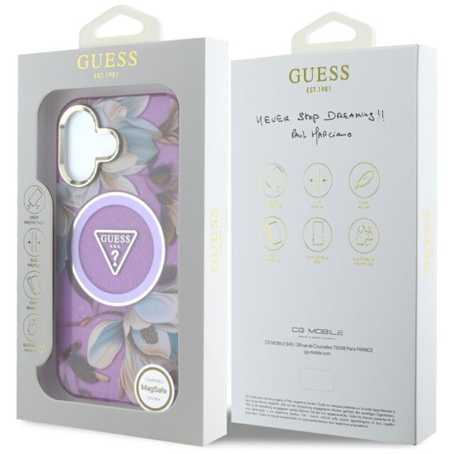 Case Guess Glitter Flowers Triangle Buttons MagSafe for iPhone 16 purple - imagine 8