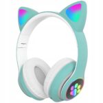 Extralink Kids Cat-Ear Wireless Headphones Green | Wireless Headphones | Bluetooth 5.0, RGB Lighting