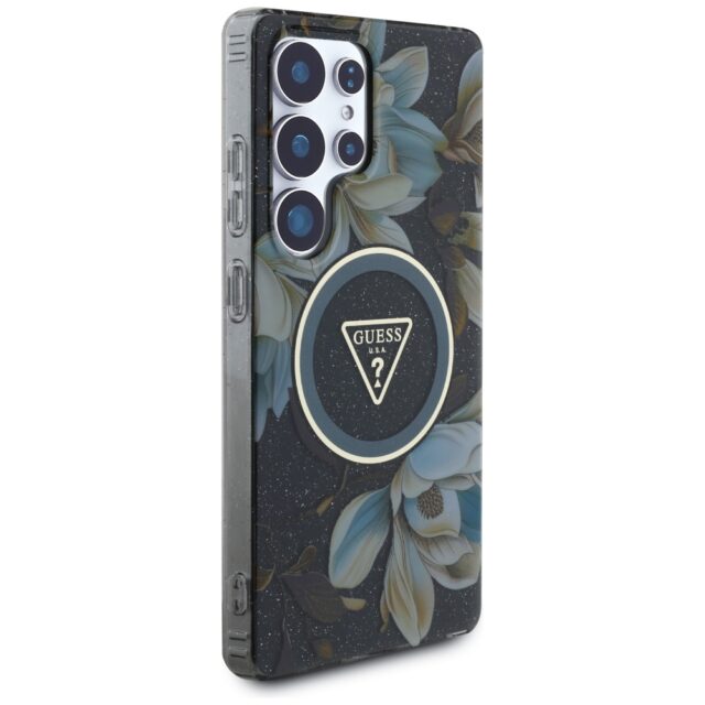 Case Guess Glitter Flowers Triangle Buttons MagSafe for Samsung Galaxy S25 Ultra black - imagine 4
