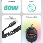 USAMS Car charger C37 1xUSB+1xUSB-C 60W + Lightning cable 30W PD+QC Fast Charge black CC193CC0 - imagine 2