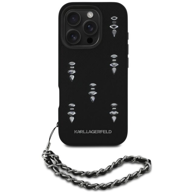 Case Karl Lagerfeld Saffiano Crystals w/Chain for iPhone 16 Pro Max black - imagine 2